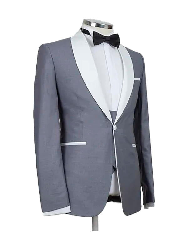 Silver 3 Piece White Shawl Lapel Classic Suit