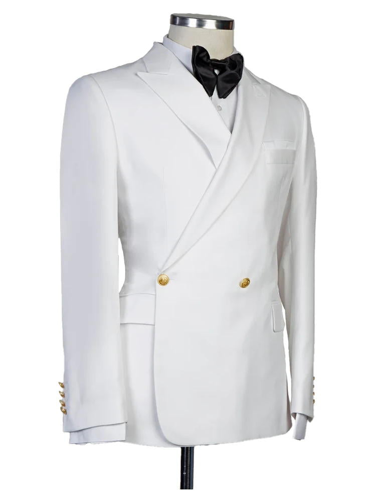 2 Piece Peak Lapel White Double Breasted Suit With Gold Button