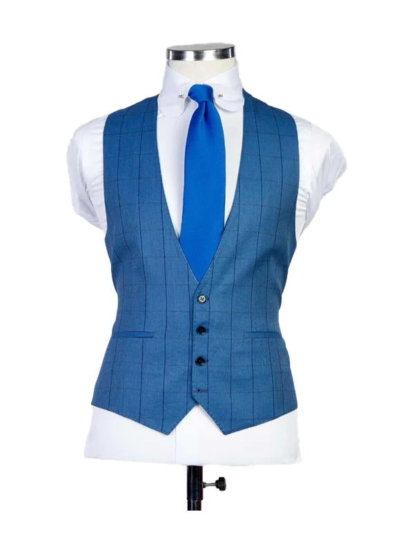 Blue Plaid Peak Lapel Single Breasted 3 Pieces Suits