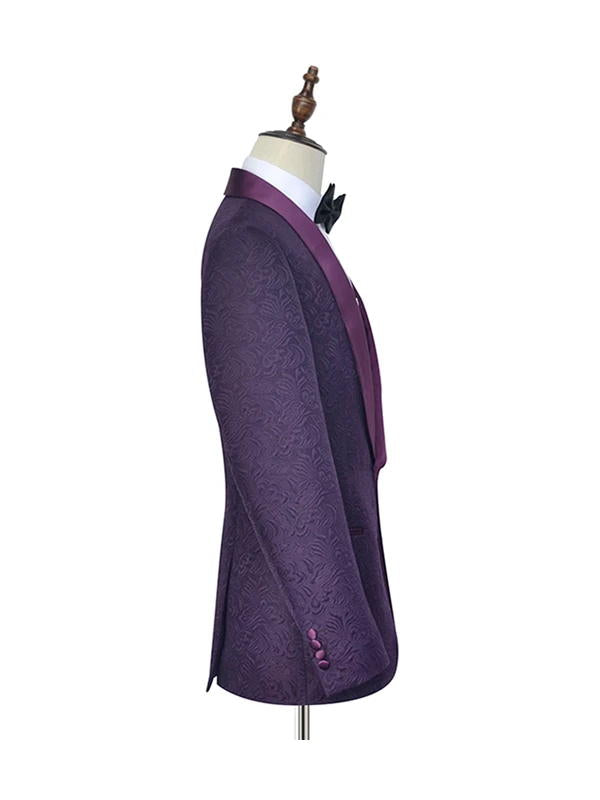 Dark Purple Jacquard One Button Shawl Lapel Men's Suits for Wedding and Prom