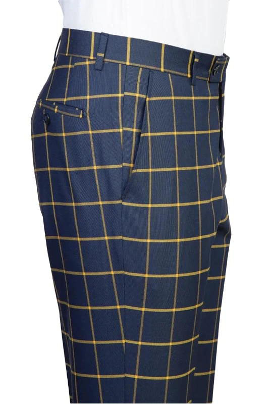 Navy Blue 2 Piece Fashion Belted Notch Lapel Plaid Suit