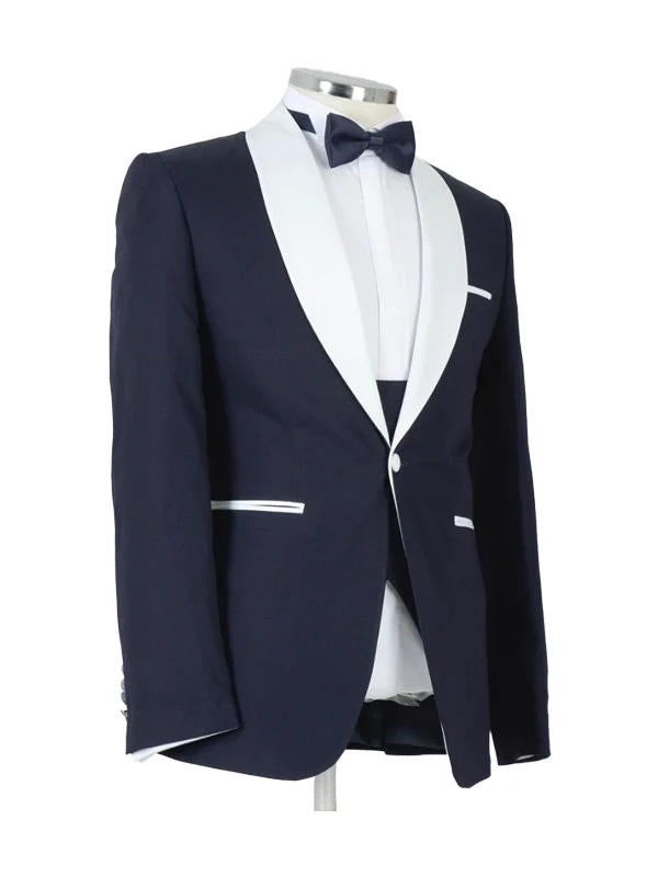 Navy Blue 3 Piece White Shawl Lapel Tuxedo