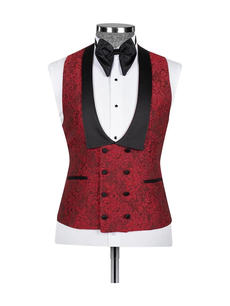 Red 3 Piece Jacquard Slim Fit Shawl Lapel Wedding Suits