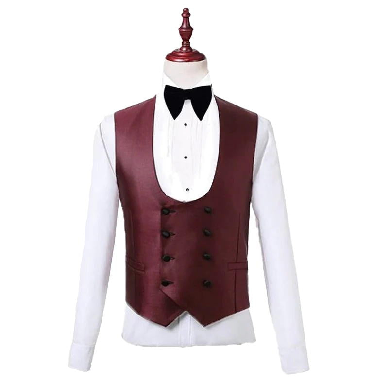 Burgundy 3 Piece Black Shawl Lapel Suits