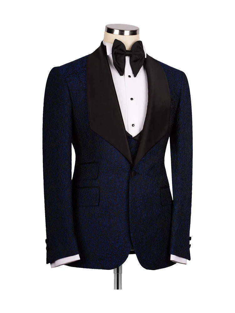 Navy Blue 3 Piece Jacquard Shawl Lapel Wedding Tuxedo
