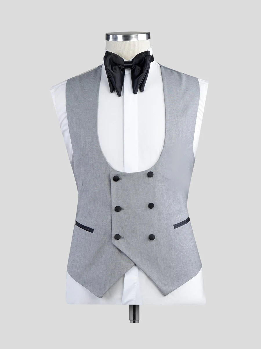 Light Grey 3 Piece Black Satin Lapel Suits