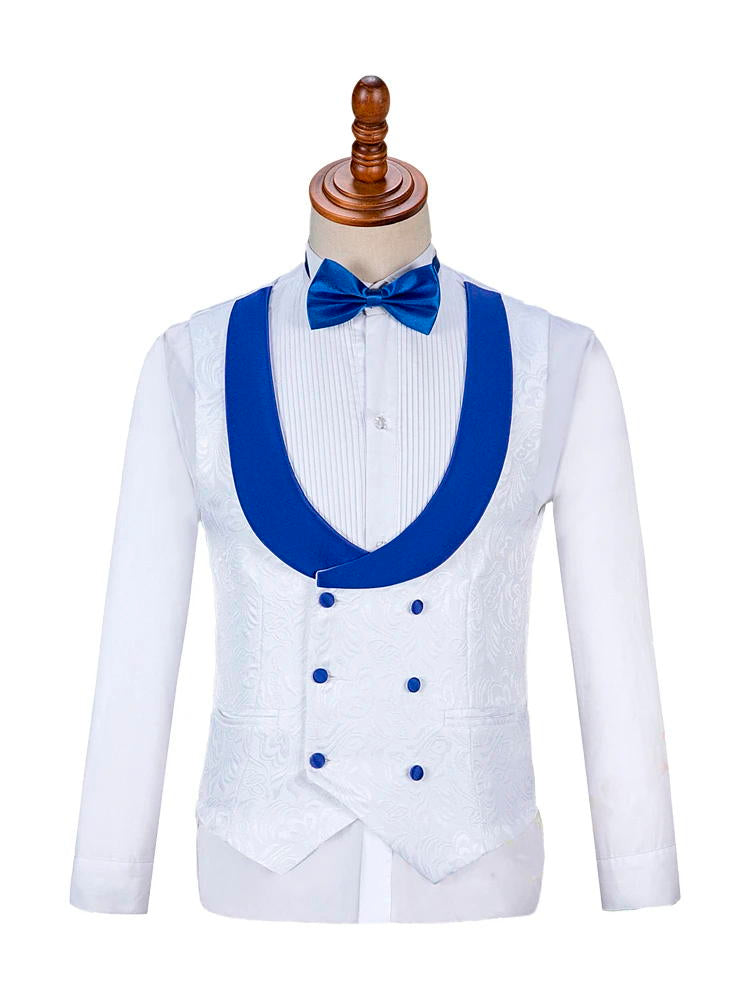 White 3 Pieces Jacquard Bespoke Tuxedo With Blue Shawl Lapel
