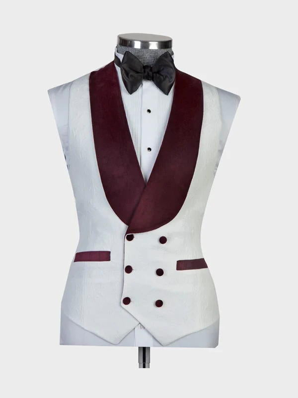 White 3 Piece Wedding Suits With Burgundy Shawl Lapel