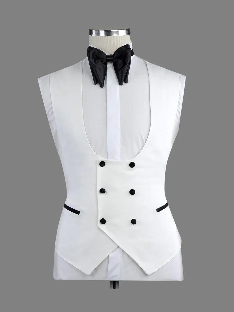 White 3 Piece With Black Satin Lapel Suits