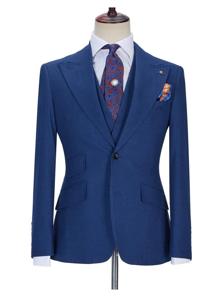 Blue Peak Lapel Single Breasted Groom Suit