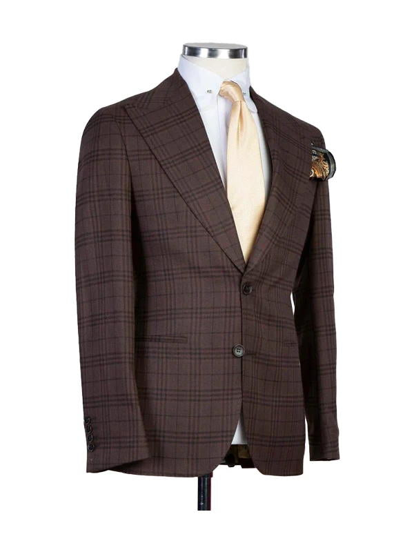 Brown Plaid Peak Lapel Single Breasted 3 Pieces Suits