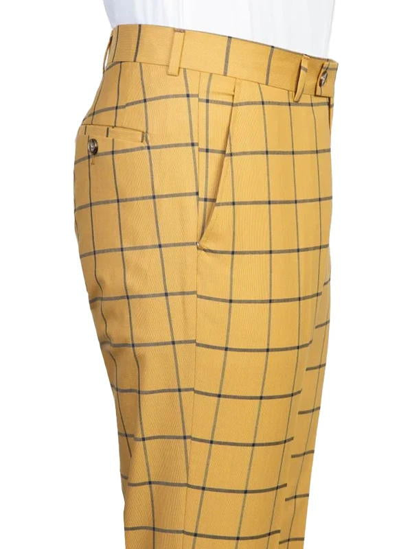 Yellow 2 Piece Fashion Belted Notch Lapel Plaid Suit