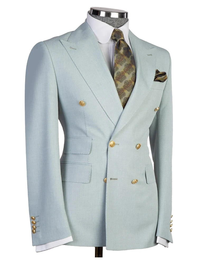 Light Blue Peak Lapel Double Breasted Gold Button Wedding Suit