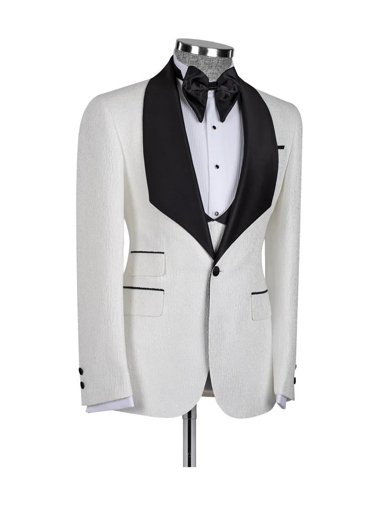 White 3 Piece Jacquard Slim Fit Shawl Lapel Wedding Suits