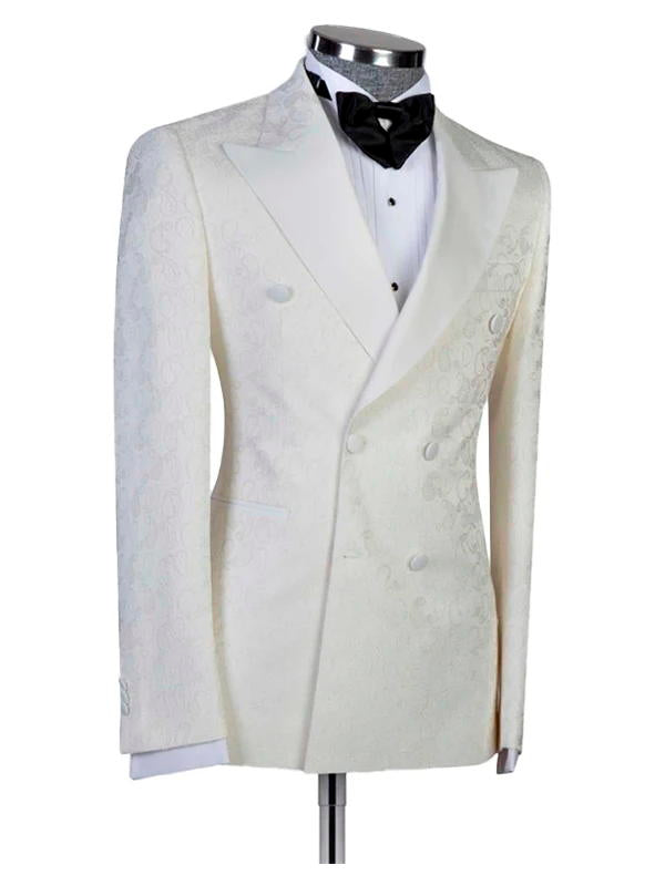 White Jacquard Peaked Lapel Double Breasted Wedding Suit
