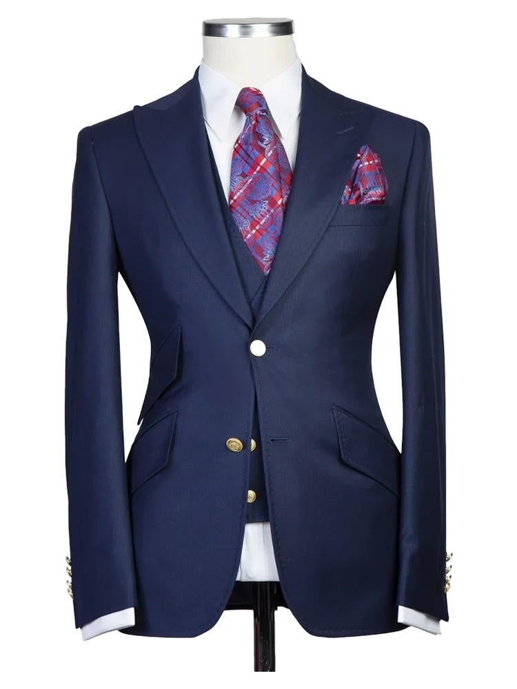 Navy Blue Peak Lapel Men's 3 Piece Suit