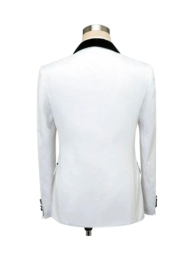 White Jacquard Wedding Tuxedo With Black Lapel Suit