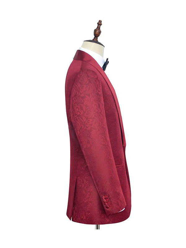 Burgundy Jacquard One Button Shawl Lapel Men's Suits for Wedding and Prom