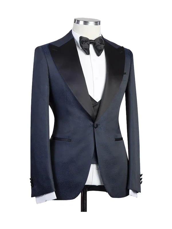Navy Blue 3 Piece Wedding Suits With Burgundy Peak Lapel
