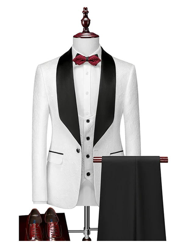 White Satin Lapel Jacquard Prom Suit