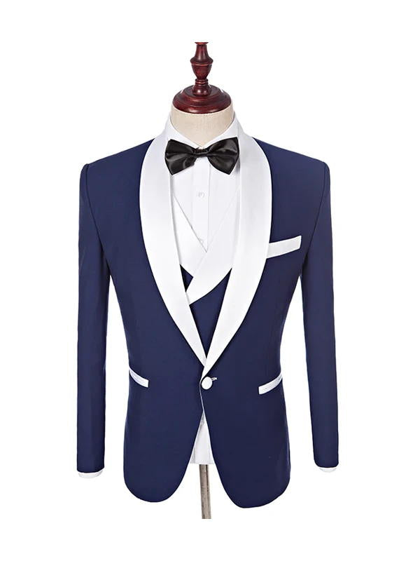 Navy Blue 3 Piece One Button White Shawl Lapel Wedding Tuxedos