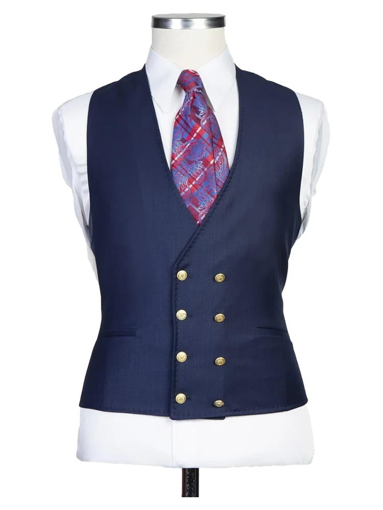 Navy Blue Peak Lapel Men's 3 Piece Suit