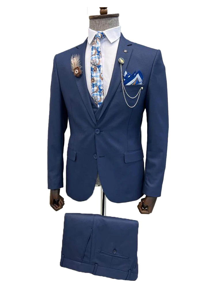 Dark Navy Blue Notch Lapel Men's Party 3 Piece Suit