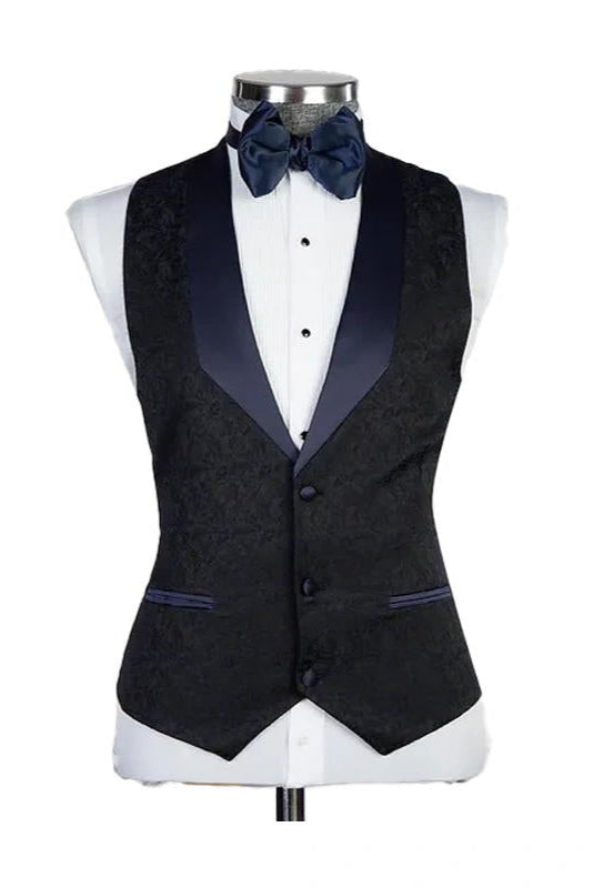 Black 3 Piece Bespoke Jacquard Shawl Lapel Tuxedo