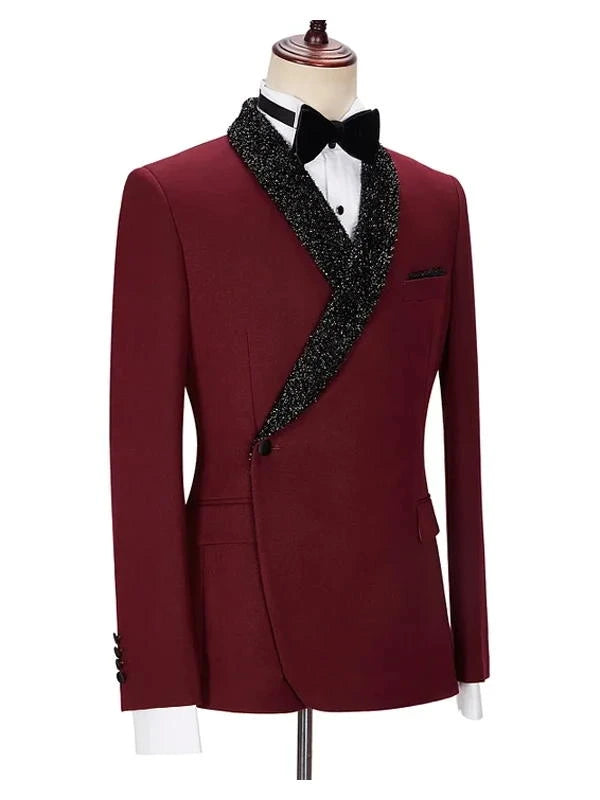Burgundy Sparkle Shawl Lapel Two Piece Men Suits
