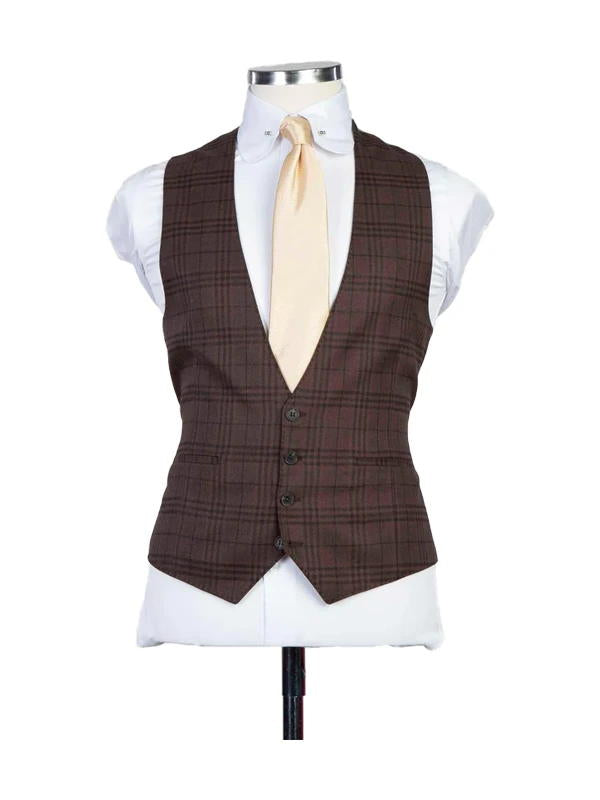 Brown Plaid Peak Lapel Single Breasted 3 Pieces Suits