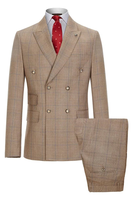Classic Khaki Double Breasted Plaid Peaked Lapel Business Suits