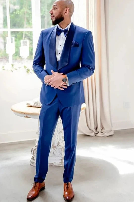Shawl Lapel 3-Piece Single Breasted Blue Suit