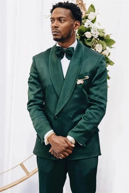 Dark Green Shawl Lapel 2-piece Double Breasted Velvet Suit