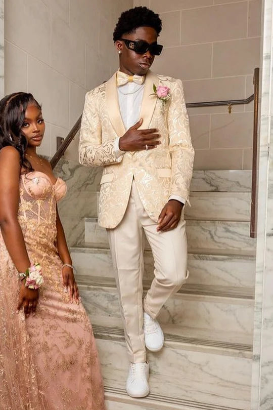 Shawl Lapel 2-piece Single Breasted Champagne Jacquard Suit