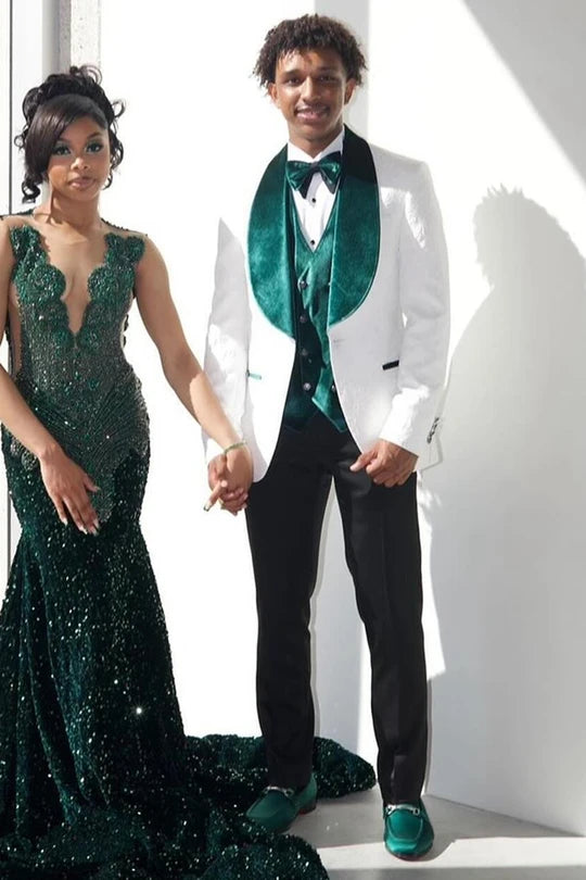 White Jacquard Green Velvet Shawl Lapel 3-piece Single Breasted Suit