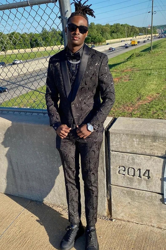 Shawl Lapel 3-Piece Single Breasted Black Jacquard Suit