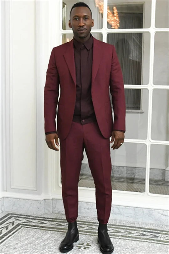 Peaked Lapel 2-piece Single Breasted Burgundy Suit