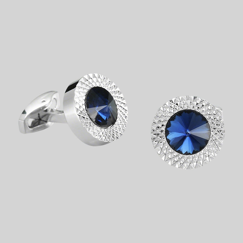 Men’s Round Silver Blue Crystal Cufflinks