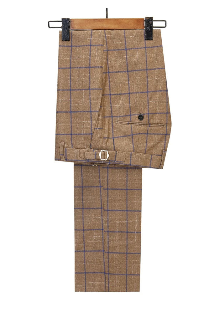 Fancy 2-Piece Coffee Plaid Peak Lapel Double Breasted Suit