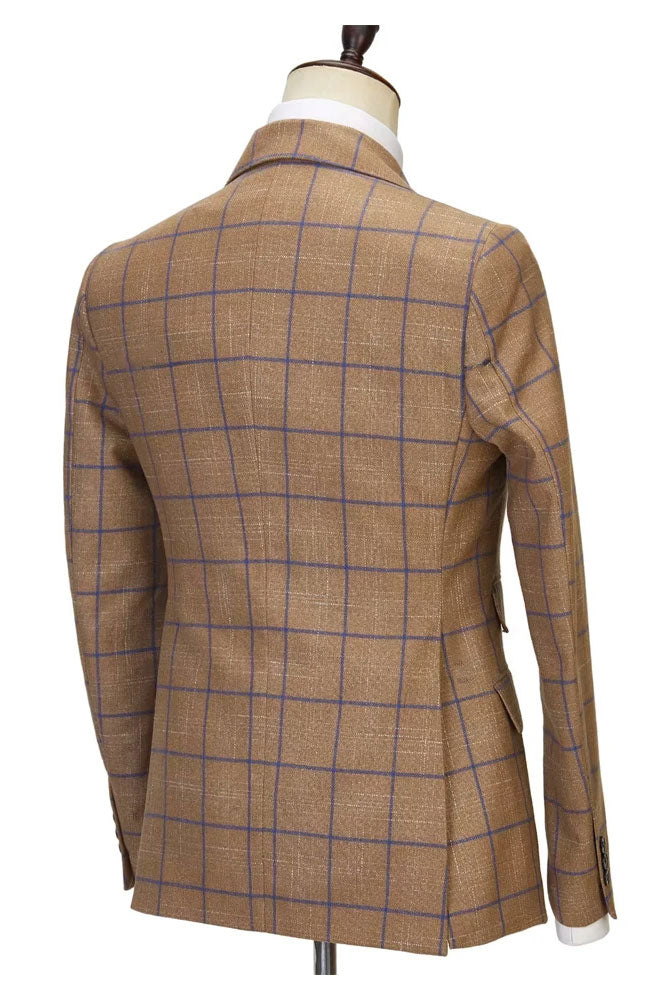 Fancy 2-Piece Coffee Plaid Peak Lapel Double Breasted Suit