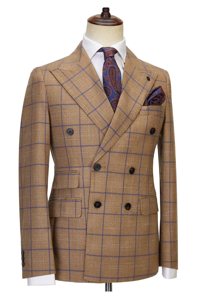 Fancy 2-Piece Coffee Plaid Peak Lapel Double Breasted Suit
