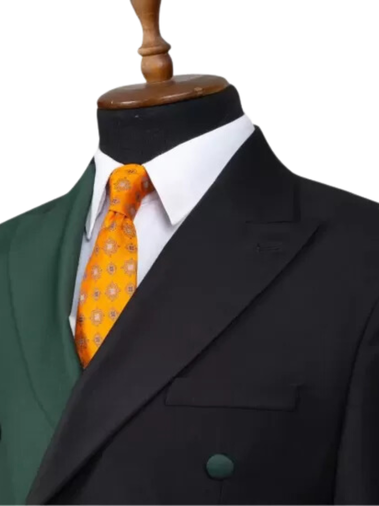Green/Black 2 Piece Double Breasted Peak Lapel Men Suit