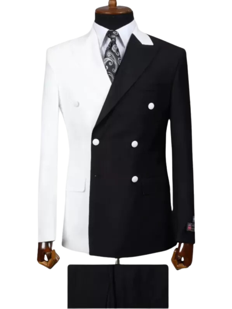 Black White 2 Piece Double Breasted Peak Lapel Men Suits