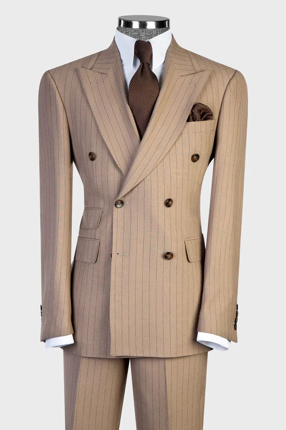 2 Piece Double Breasted Peaked Lapel Khaki Outfits