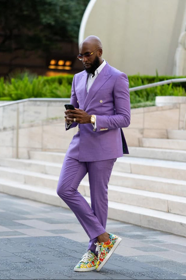 Purple 2-piece Suit Peaked Lapel Double Breasted Prom Outfit