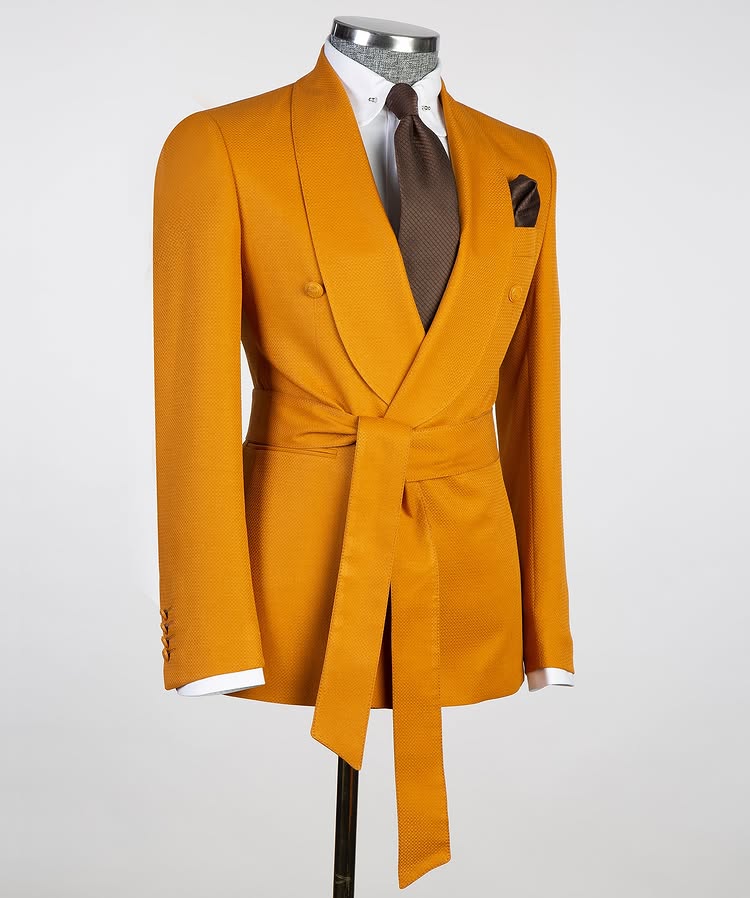 2 Piece Double Breasted Shawl Lapel Orange Belted Tuxedos