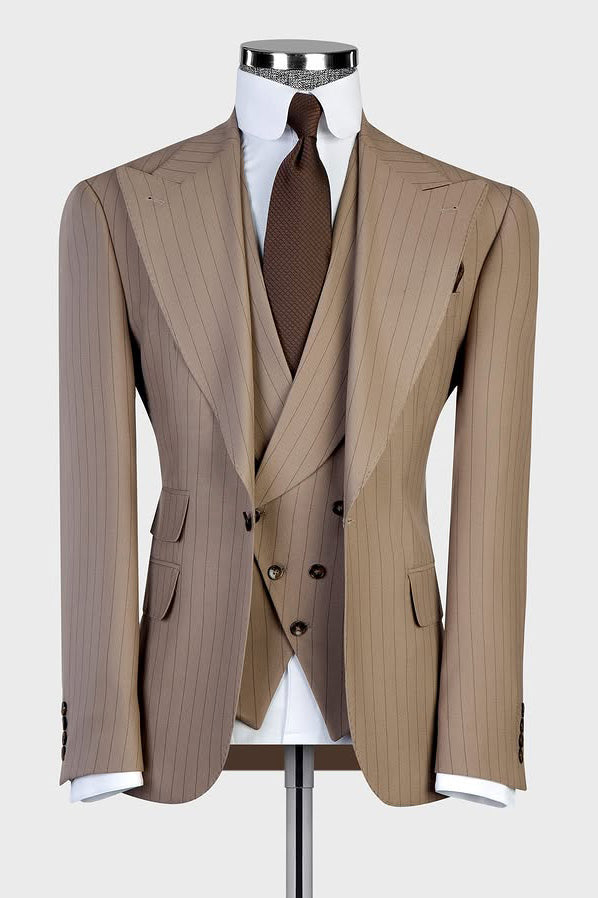 3 Piece Single Breasted Peaked Lapel Khaki Outfits