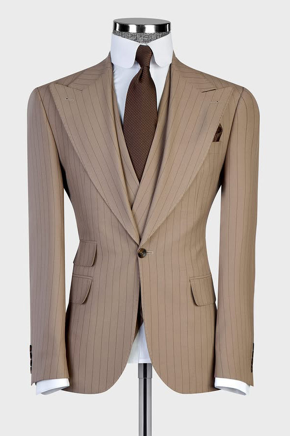 3 Piece Single Breasted Peaked Lapel Khaki Outfits