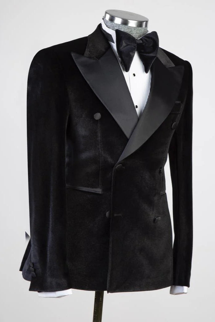 Designer Black Peak Lapel Double Breasted Bespoke Tuxedo