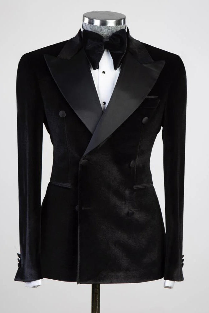Designer Black Peak Lapel Double Breasted Bespoke Tuxedo